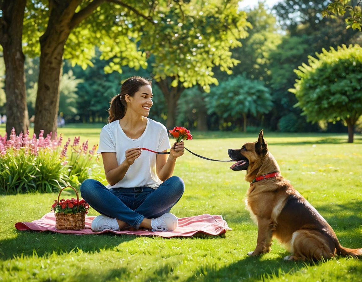 A serene outdoor scene featuring a joyful dog and a person practicing obedience training in a park, surrounded by lush greenery and colorful flowers. The bond between them is highlighted as the dog sits obediently while the person smiles encouragingly, showcasing a variety of training tools like a leash and treat pouch. Warm sunlight filters through the trees, creating a harmonious atmosphere. vibrant colors. super-realistic.