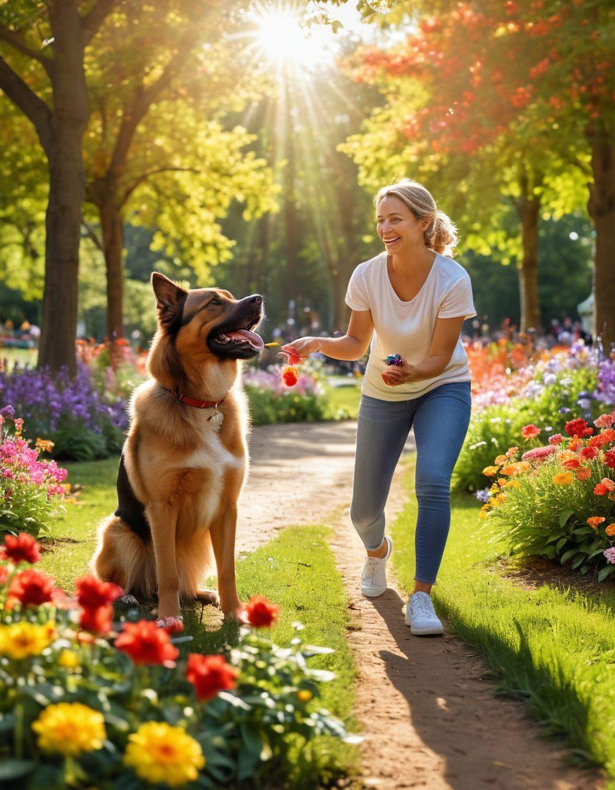 A heartwarming scene of a person training a joyful dog in a sunlit park, surrounded by vibrant flowers and trees, showcasing playful affection with treats and toys. The person displays a smile, embodying love and connection. In the background, other happy dogs play with their owners, creating a lively atmosphere. The overall scene radiates warmth and positivity. super-realistic. vibrant colors.