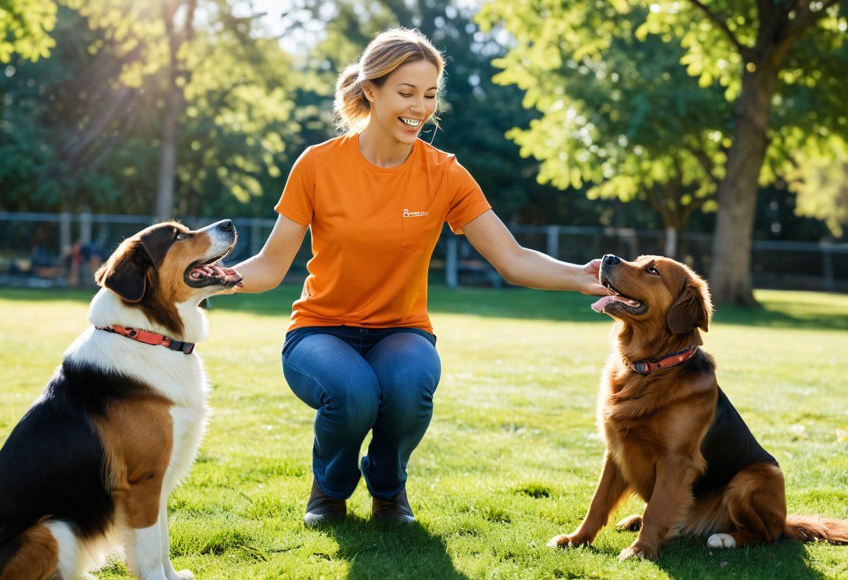 A joyful dog demonstrating positive behavior while sitting beside a trainer, who is rewarding it with a treat. In the background, vibrant dog training tools like clickers and agility equipment are visible. Bright sunlight streams through a park setting, filled with playful dogs and happy owners. Emphasize the bond between the dog and trainer, showcasing a sense of achievement and trust. vivid colors. super-realistic. 